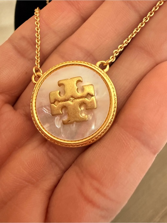 Tory Burch Jewelry - Tory Burch Gold-Tone Mother-of-Pearl Logo Pendant Necklace